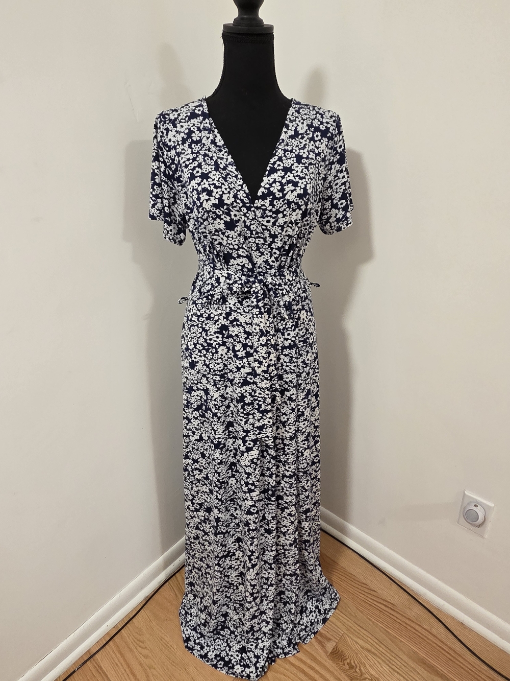 Kaileigh Navy and White Floral Wrap Maxi Dress